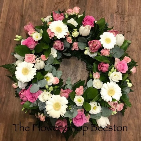 Gerbera, Rose and Lizzianthus Wreath in Pinks and Whites