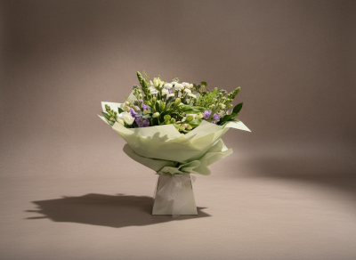 Soft Lilac No. 01 - A beautifully soft hand-tied flower bouquet in lilac, ivory and green, perfect for birthdays, thank you gifts and thoughtful flower delivery in Nottingham.