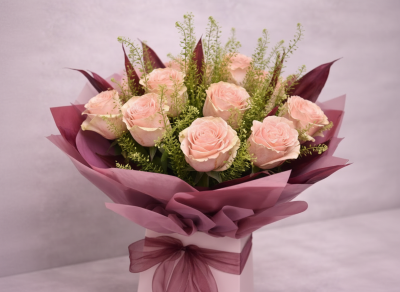Rose Mist No. 09 - A soft, romantic bouquet of blush roses and fresh green detail, designed with an elegant modern feel. Romantic for anniversaries, gestures and feminine luxury for birthdays.