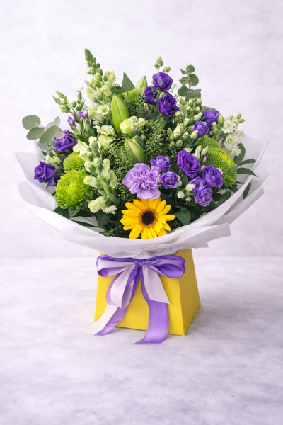 Purple Grove No. 16 - A vibrant bouquet in violet, fresh green and golden yellow tones, designed with a bold garden-style feel.