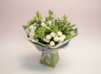 Verdant Blanco No. 26 - A beautify white Lily styles with soft green structures and white accents. Beautiful for saying thankful, sorry, I love you. All occasions for this style.