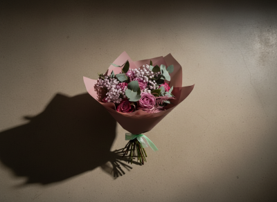 Rose Mist No. 89 - A romantic pink rose bouquet featuring mauve roses, soft gypsophila, eucalyptus and delicate seasonal detail, hand-tied for an elegant, modern finish. Perfect for birthdays and anniversaries. 
One of the owners favourites.