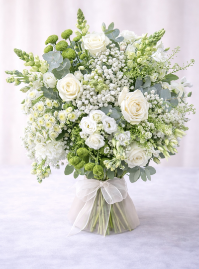 White Meadow No. 7 - A luxurious white flower bouquet featuring ivory roses, lisianthus, gypsophila, eucalyptus and fresh green seasonal blooms, hand-tied for an elegant garden-style finish.