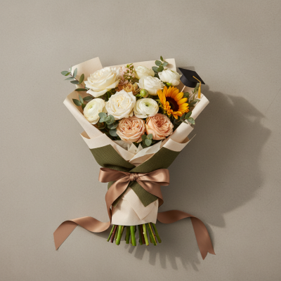 Graduation Bouquet - Florist Choice - A modern, photo-ready graduation bouquet designed by our florists using the freshest seasonal stems available on the day. Expect a curated colour palette, premium wrapping, and a confident, contemporary finish — perfect for celebrating university or college graduation.  

Please note: as a Florist’s Choice design, flowers and colours will vary.