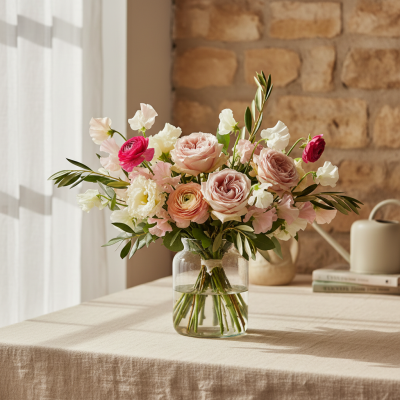 Florist Choice - Vase Edition - **Vase Edition**

A natural, garden-style arrangement designed to arrive ready to enjoy — beautifully styled in a simple vase, so there’s nothing to trim or arrange. Made with the freshest seasonal blooms in soft, uplifting tones, finished with elegant foliage for a relaxed, just-picked feel. Flowers may vary slightly day to day, but the overall look and colour palette will stay true.