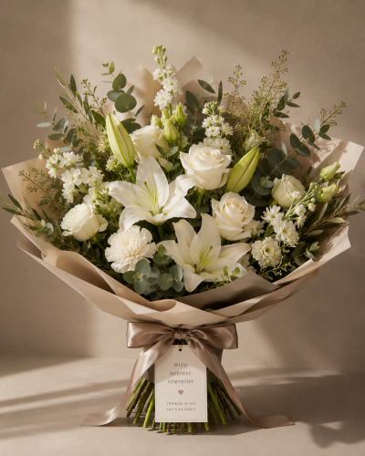 Forever Remembered - An elegant hand-tied bouquet of premium white seasonal flowers, thoughtfully designed to express love, sympathy and remembrance. Beautifully presented in our signature luxury wrapping, creating a graceful tribute when words are not enough.
