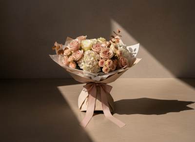 The Blush Luxe No. 1 - A premium hand-tied bouquet of hydrangeas and roses in soft blush, nude and ivory tones - airy, romantic, and designed to make a statement. Finished in crisp wrap with a satin ribbon, it’s a beautiful choice for birthdays, anniversaries, congratulations, and “just because”.

Please note: flower varieties and exact shades may vary slightly depending on the best blooms available on the day.

We require 24 hours notice as a minimum for this design.