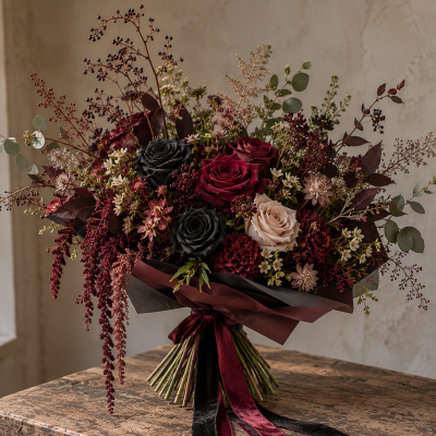 The Dark Romance Edition - Not your typical love story.

Deep burgundy blooms meet black spray-painted roses, with dark foliage, trailing textures and unexpected seasonal details.

Rich in colour and full of movement, this hand-tied bouquet has a slightly wild, Gothic feel. Moody, romantic and a little rebellious.

Each one is made by hand in our Beeston shop, with the flowers and finishing touches chosen to complement the darker palette.

Wrapped in deep burgundy and black, with velvet ribbon to finish.

48 hours required.