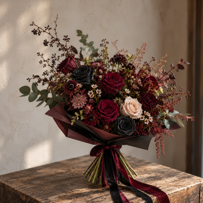 The Dark Romance Edition - Not your typical love story.

Deep burgundy blooms meet black spray-painted roses, with dark foliage, trailing textures and unexpected seasonal details.

Rich in colour and full of movement, this hand-tied bouquet has a slightly wild, Gothic feel. Moody, romantic and a little rebellious.

Each one is made by hand in our Beeston shop, with the flowers and finishing touches chosen to complement the darker palette.

Wrapped in deep burgundy and black, with velvet ribbon to finish.

48 hours required.