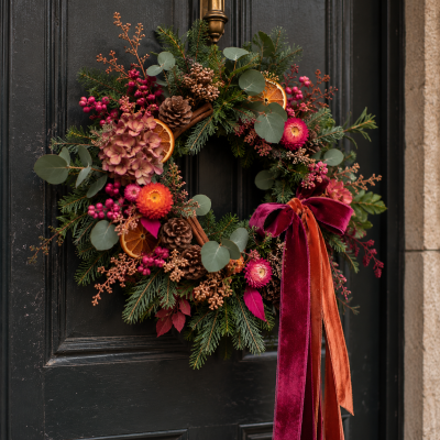 The Alt Muse Christmas Wreath - The Alt Muse Christmas Wreath

A little less traditional. A lot more personality.

Inspired by our Alt Muse bouquet, this Christmas wreath brings together rich winter greenery with unexpected pops of hot pink, burnt orange and berry tones.

Handmade on a traditional mossed base using fresh spruce, eucalyptus and seasonal foliage, with dried oranges, pine cones and carefully chosen decorative details adding warmth and texture.

Finished with beautiful trailing velvet ribbons in rich pink and burnt orange.

A playful twist on a Christmas classic, made for doors that deserve something a little different.

Each wreath is individually handmade in our Beeston flower shop, so no two will be exactly alike.

Available to preorder for Christmas 2026. Collection or delivery available from 9th November 2026.

Limited quantities. Collection or local delivery available.