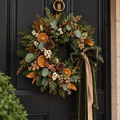 The Winter Heritage Wreath - The Winter Heritage Wreath — £65

A little old-world Christmas charm.

Handmade on a traditional mossed base, The Winter Heritage Wreath brings together fresh spruce, fragrant winter foliage and soft eucalyptus, dressed with dried orange slices, natural pine cones, cinnamon and delicate ivory berries.

Rich olive-green velvet ribbon and soft champagne tones give this classic wreath a beautifully understated finish.

Full of natural textures, woodland greens and warm festive details, it’s a timeless piece that feels just as lovely on a country cottage door as it does on a Victorian townhouse.

Each wreath is made by hand in our Beeston flower shop, with little seasonal variations making every one unique.

Available to preorder for Christmas 2026 from 9th November.

Handmade with care. A Christmas tradition worth keeping.
