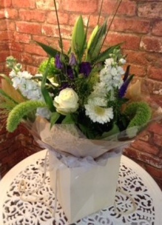 Contemporary White and Purple Hand Tied