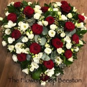 Red Rose, Freesia and Lizzianthus Heart