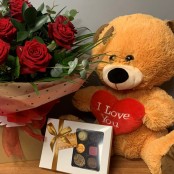 12 Red Rose, Large Teddy and Belgian Chocolates